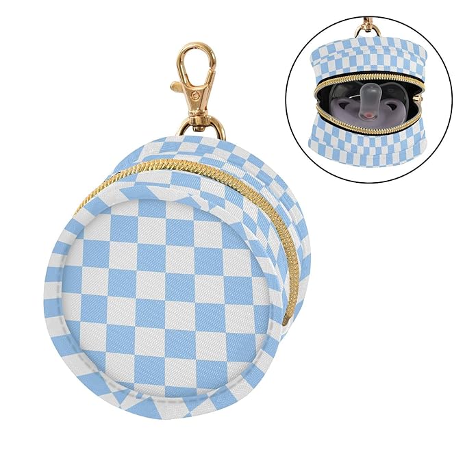 Checkered Plaid White Sky Blue Pattern Pacifier Holder Case with Metal Clip Portable Pacifier Pouch for Baby Boys Girls