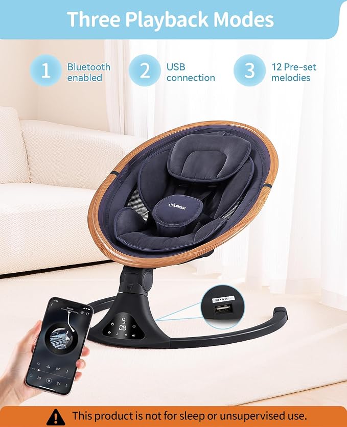 LAREX Baby Swing to Toddler Electric Infant Swing Portable for Newborn Boy Girl, 5 Sway Speeds with Remote Control, 12 Preset Melodies and Bluetooth, 0-6 Months Max 20 Lbs(Dark Wood Grain)