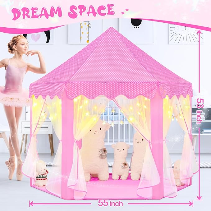 Princess Tent with Lights and Rug, Playhouse for Girls Age 4-7, Kids Play Tent for Girls Indoor, Castle Playhouse for Toddlers, Pink Princess Toy 55x53 inch