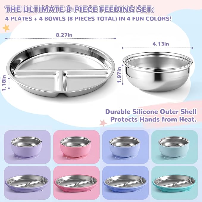 Havawish 8 Pcs Stainless Steel Baby Plate and Bowl with Suction, 8.3" Kid Divided Plate 4" Toddler Bowl with Removable Silicone, BPA-free Non-slip Baby Feed Set Dishwasher Safe for Boy Girl (Gray)