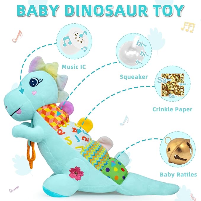 Baby Dino Musical Stuffed Animal Toys for 0-3-6-9-12 Months，Infant Dinosaur Tummy Time Toys with Crinkle Sound Paper,Teether，Textures & Rattles for Newborn Boys Girls Birthday Gifts，Blue