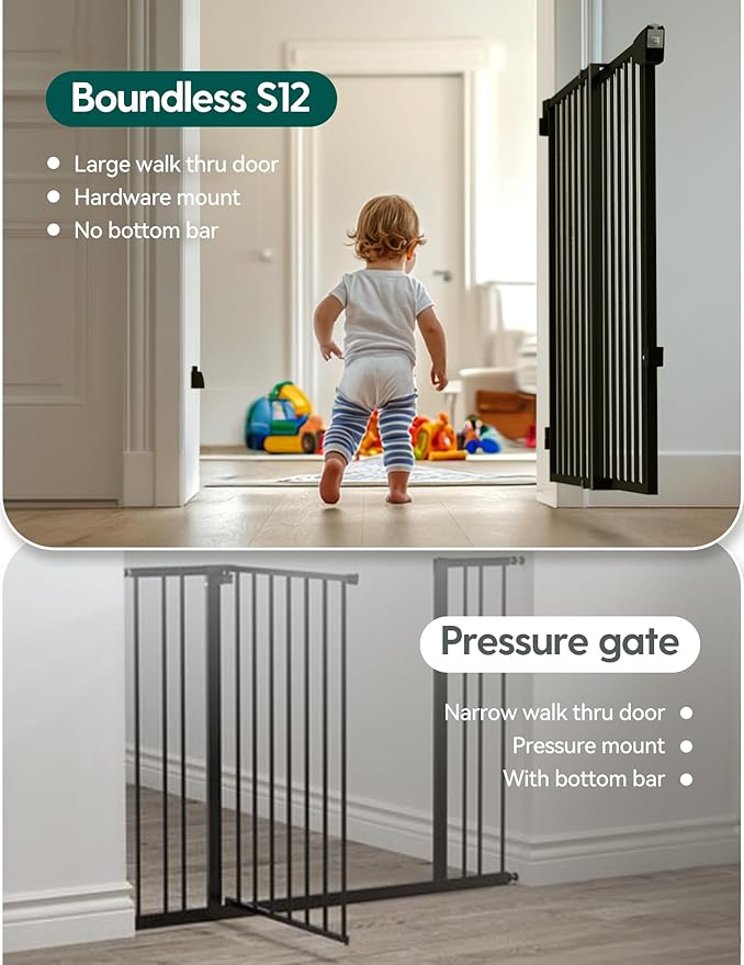 Babelio 29.7-46.5" No Bottom Bar Baby/Dog Gate for Stairs, House and Doorways, Auto Close Safety Pet Gates with Large Walk Thru Door, Hardware Mount, Black