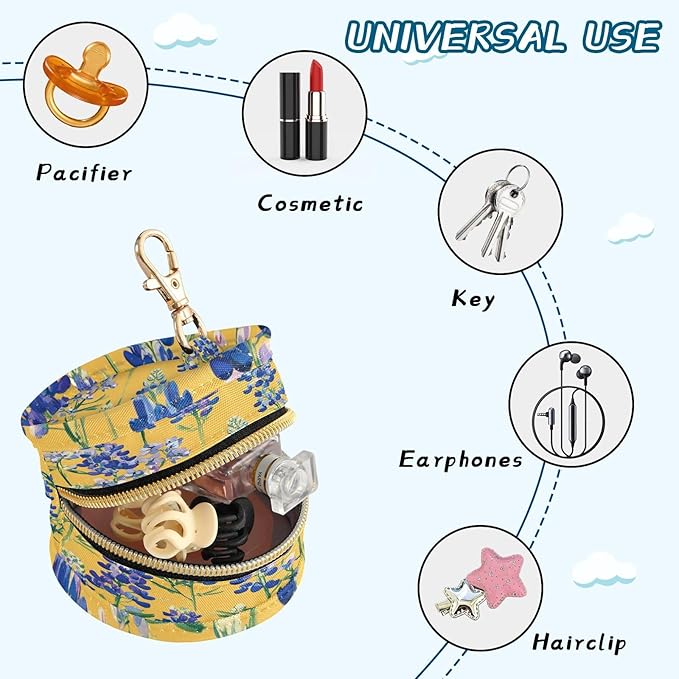 Pacifier Holder with Clip Pacifier Case for Diaper Bag Round Baby Pacifier Pouch Box Bag Portable Yellow Cute Bluebonnet and Wildflowers