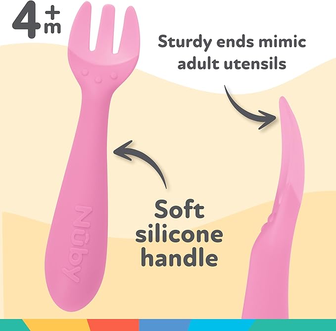 Nuby Silicone Easy Grip Fork & Spoon Set, 12+m in Pink (Pack of 2)