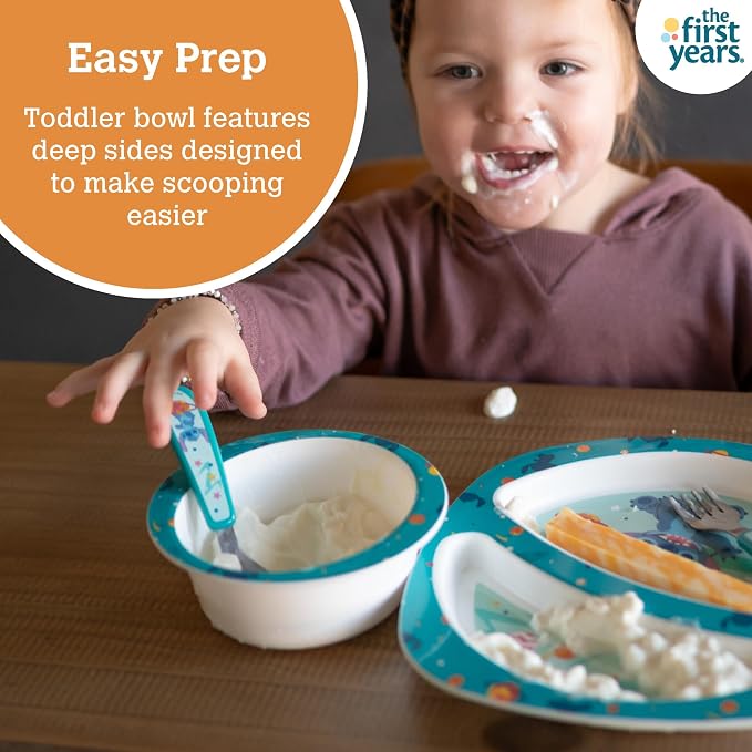 The First Years Disney Stitch Toddler Dinnerware Set - Officially Licensed 4-Piece Feeding Set with Bowl, Plate, Fork, and Spoon - Dishwasher Safe Toddler Feeding Supplies - Ages 9 Months and Up