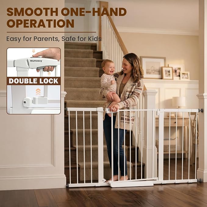 Mumeasy 29.7-57" Extra Wide Baby Gate, Auto Close Large Dog Gate for Doorways, No Drilling Pressure Mounted Pet Safety Gate for Stairs, Easy Walk Through Child Gate for Hallways, House, Indoor, White