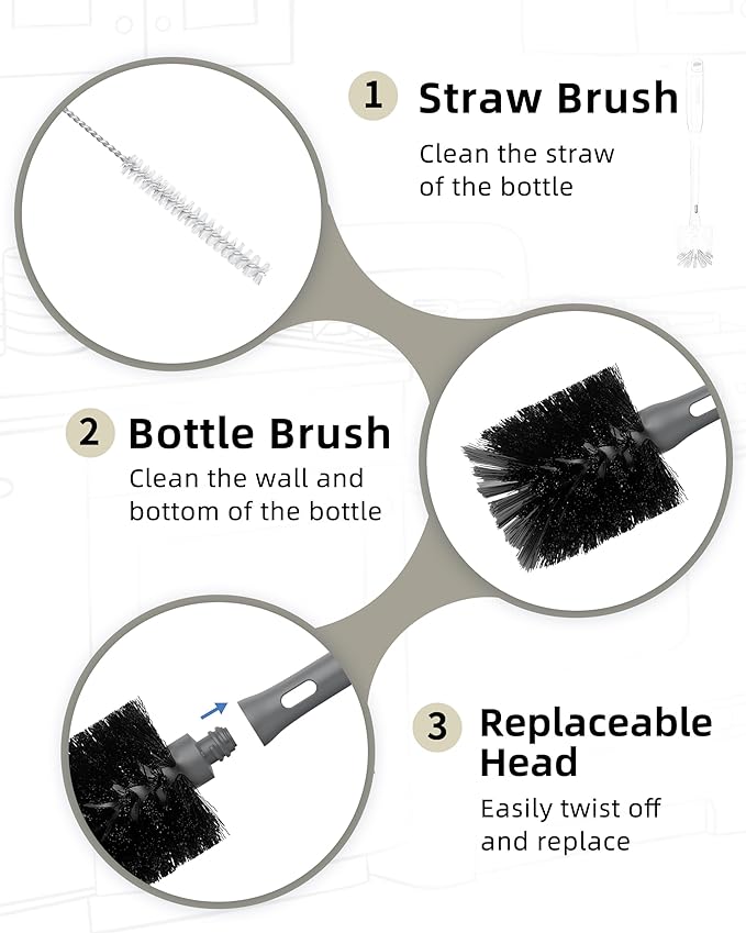 ROSEOK 2 in 1 Long Handle Bottle Brush with Straw Brush for Cleaning Glass, Sports Bottle, Coffee Mug, Black, 1 Pack