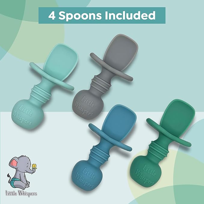 LittleWhispers Baby Silicone Spoons - Self Feeding 6 Months - Infant, Toddler, & Kid Friendly Utensils - First Stage, Baby Led Weaning - 4 Pack Utensil Set (Soft Blues)