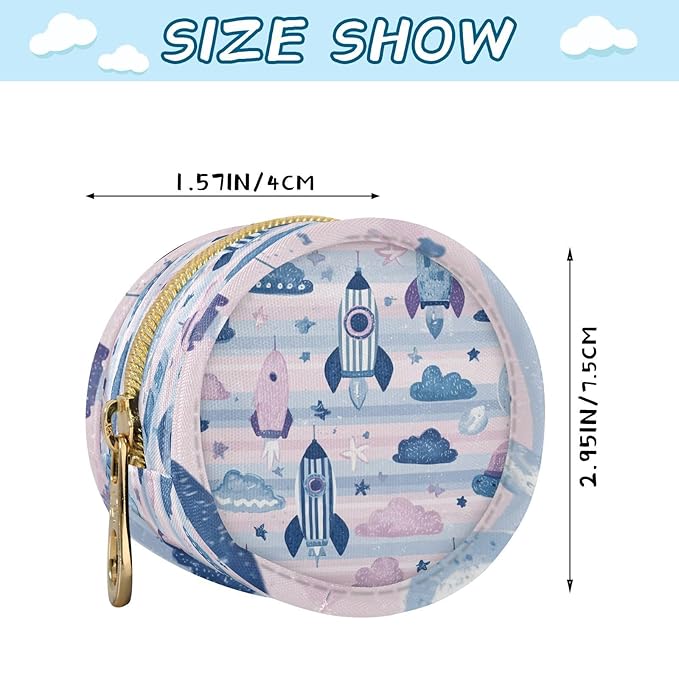 Pacifier Holder with Clip Pacifier Case for Diaper Bag Round Baby Pacifier Pouch Box Bag Portable Cute Rockets Satellites Stars Clouds