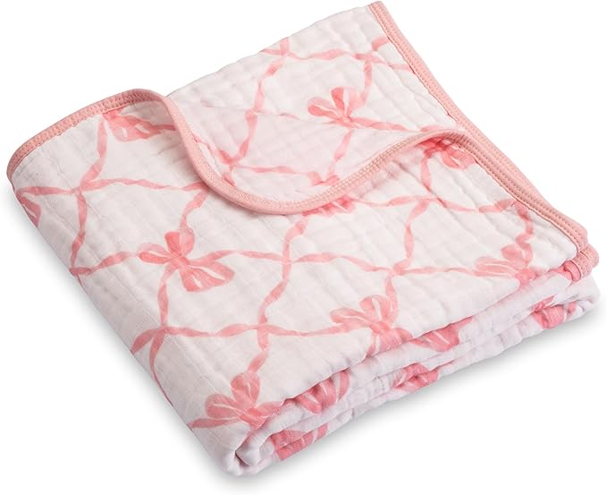 LollyBanks Muslin Baby Blanket, 100% Cotton 6 Layers Cozy Newborn Blanket for Girls, Large 47 x 47 Inches Baby Receiving Blankets, Durable Toddler Blanket, Baby Essentials, Registry (Pink Bow Print)