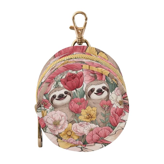Pacifier Holder with Clip Pacifier Case for Diaper Bag Round Baby Pacifier Pouch Box Bag Portable Spring Flowers Sloths Pink
