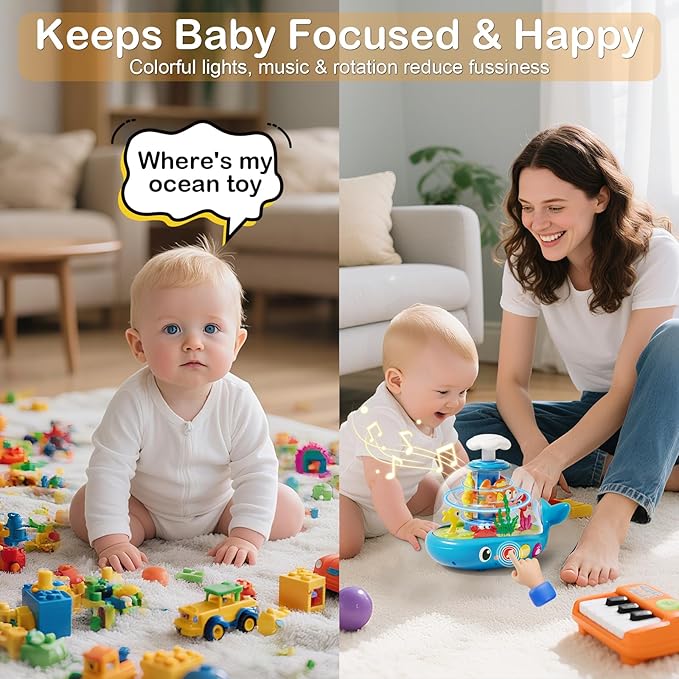 Whale Sensory Spinner Toy for Baby: Light Up Rotating Play with Music ??Safe ABS Early Learning Educational Toys for 6 Months+ ??Christmas Birthday Gift for Boys and Girls