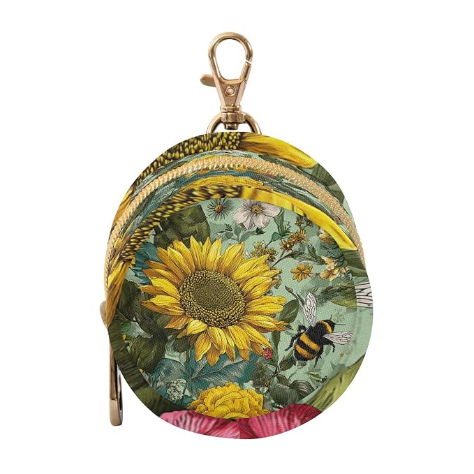 Pacifier Holder with Clip Pacifier Case for Diaper Bag Round Baby Pacifier Pouch Box Bag Portable Bees Sunflowers Leaves Green
