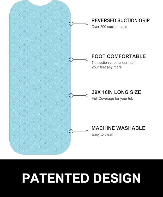 OTHWAY No Suction Cup Bath Mat: 39x16 inch Extra Long Bathmat?‚Perfect for Refinished or Ordinary Bath Tubs?‚Made of Nature Rubber?‚a Blessing for The Elderly and Children (Lake Blue)