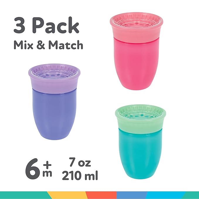 Nuby Wonder Cup - Spill-Proof Toddler Sippy Cups - (3 Pack) 7 oz - Sip from All Sides - Leak Resistant - Spoutless Transition Cup - Aqua/Purple/Pink