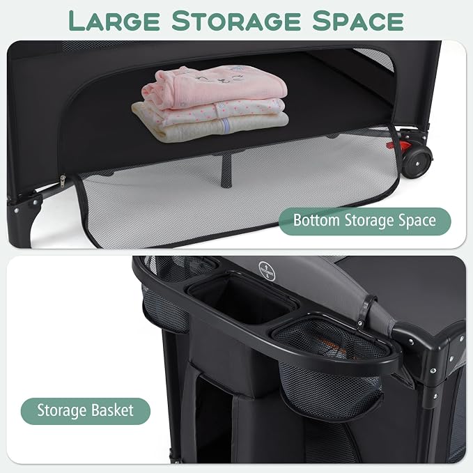 INFANS Baby Bassinet, 4 in 1 Pack and Play Baby Playard with Changing Table, Mosquito Net, Storage Basket, Travel Bag for Newborn 0-36 Months (Black)