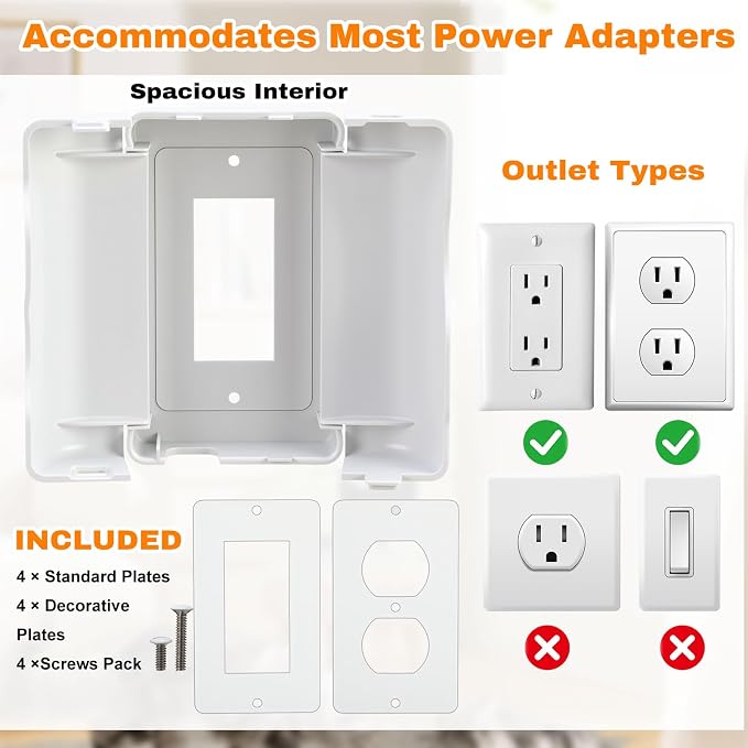 Tellegloww 8 Pack Safety Outlet Cover Box Wall Outlet Cover for Baby Proofing Extra Large Electrical Plugs and Adapters Receptacle Box Receptacle Protector with Childproof Lock & Cable Management