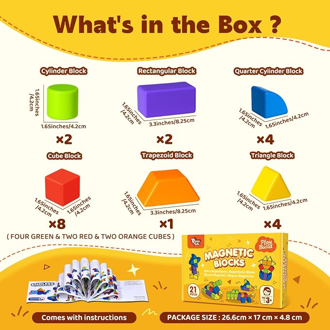 Pairez Toys Magnetic Blocks with Multiple Shapes, 1.65 inch Large Magnetic Building Cubes for Kids, Sensory Montessori Stacking Toys for Boys & Girls Ages 3 4 5 6 (21pcs)