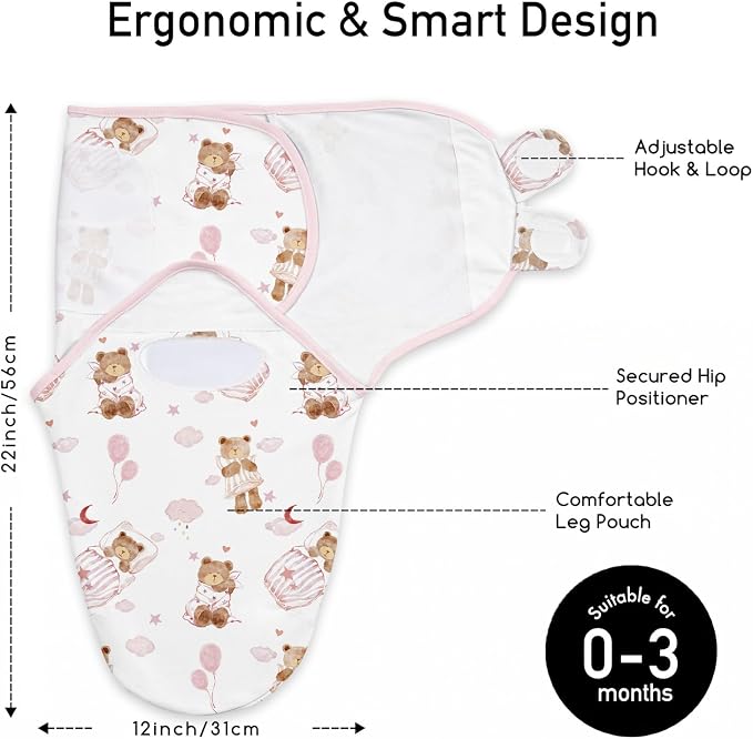 GLLQUEN BABY Swaddles for Newborns Organic Cotton, Soft Baby Girl Swaddles 0-3 Months, Womb-Like Sleep Sack Wrap Nursery Swaddling Blankets Pink Bear