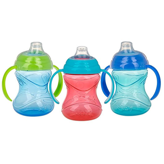 Nuby Clik-It Grip N' Sip Soft Spout No-Spill Training Sippy Cup with Handles - (3-Pack) 10 oz - 4+ Months - Blue/Green/Red