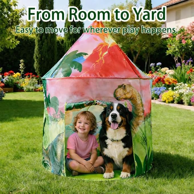 Jurassic Dinosaur Play Tent for Kids and Pets Easy-Assembly Dino Playhouse with Breathable Window, Indoor/Outdoor Imaginative Play Tent with Carry Bag, for Ages 3+ Boys, Dogs House Cat House