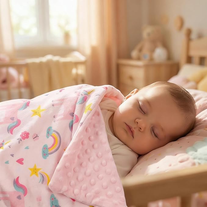 Unicorn Minky Baby Blanket for Girls, Super Soft Plush Receiving Blanket with Double Layer Dotted Backing for Toddler Nursery Newborn Crib Stroller 29.5 x 39.3 Inch
