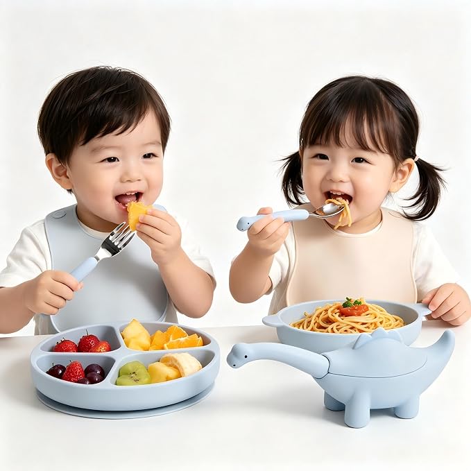 Toddler Utensils 2-Pack, Stainless Steel Baby Fork and Spoon Set with Cute Dinosaur Silicone Handles, Baby Kids Utensils, Children Safe Forks and Spoons, Dishwasher Safe (Blue)