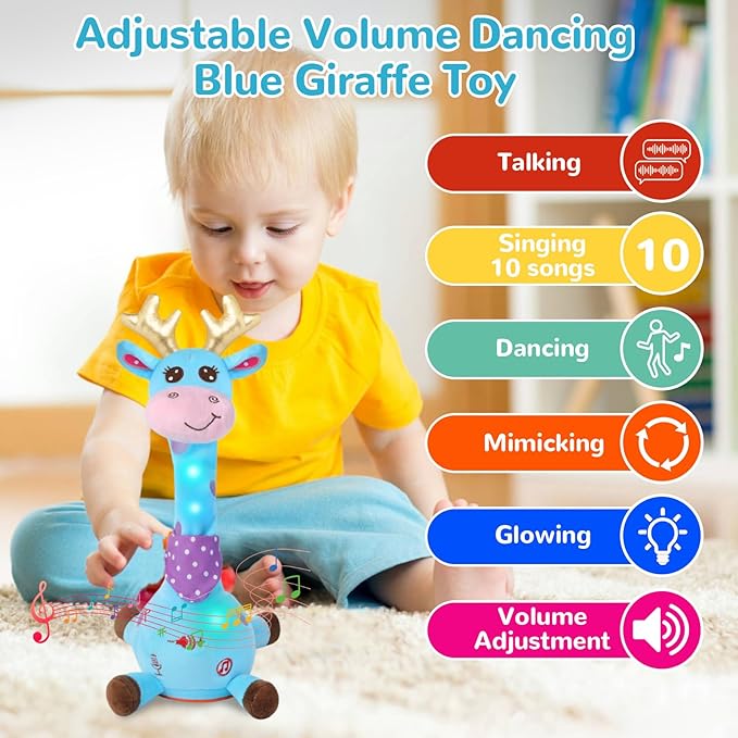 MILGEI Dancing Talking Giraffe Toy, Singing Musical Tummy Time Baby Toy with Volume Adjustment, 10 Children's Songs Light Up Toys, Repeating What You Say, Blue Giraffe Stuffed Animal for Girls Boys