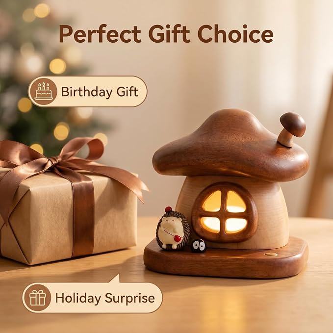LONRISWAY Cordless Wood Mushroom Lamp, Small Battery Operated Wooden Table Lamp Portable Night Light, 3-Color Touch Control Wireless Stepless Dimming for Bedroom Nightstand for Birthday Gifts
