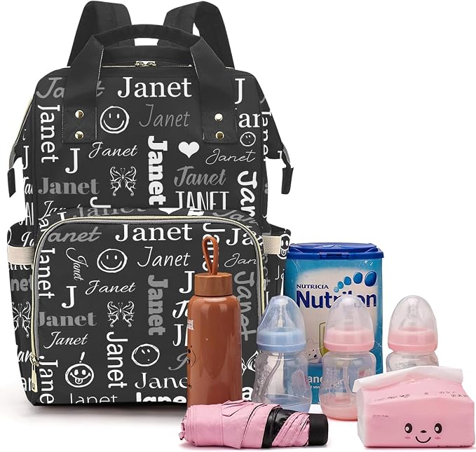 Custom Diaper Bag with Name Personalized Multifunctional Mommy Backpack for Daughter Granddaughter, Black Daypack Bag for Travel
