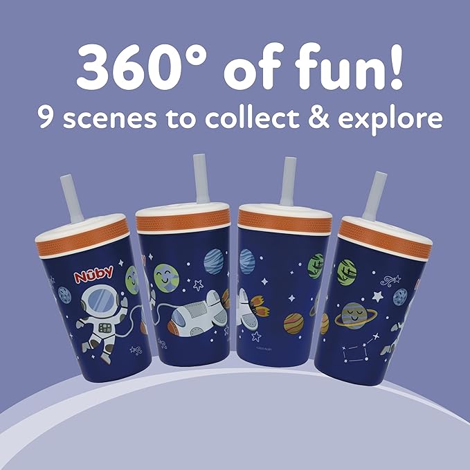 Nuby Thirsty Kids Insulated Toddler Cup with Silicone Flexstraw - 12 oz - Stainless Steel and Leak-Resistant - 18+ Months - Astronaut