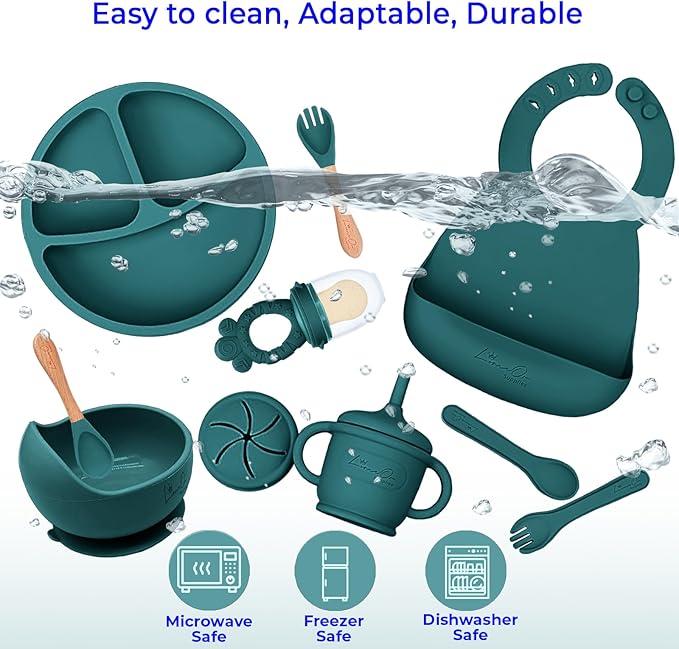 Silicone Baby Feeding Set, 10 Pcs Baby Led Weaning Supplies | BPA-Free Baby Dishes with Toddler Plates and Bowls Set, Silicone Bib, Suction Cup, Baby Spoons & Forks | Empower Independence ??Green
