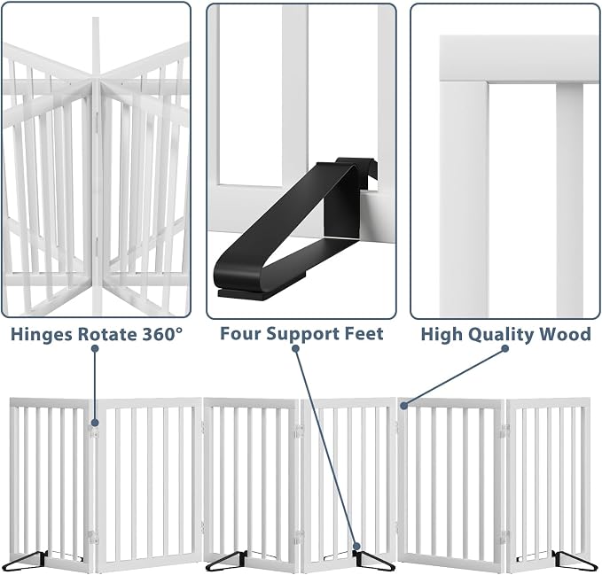 Dog Gates for Doorways Extra Wide 110inches (9ft), Wooden Freestanding Pet Gates for Dogs with 4 Support Stands, Foldable Gates for Dogs Indoor