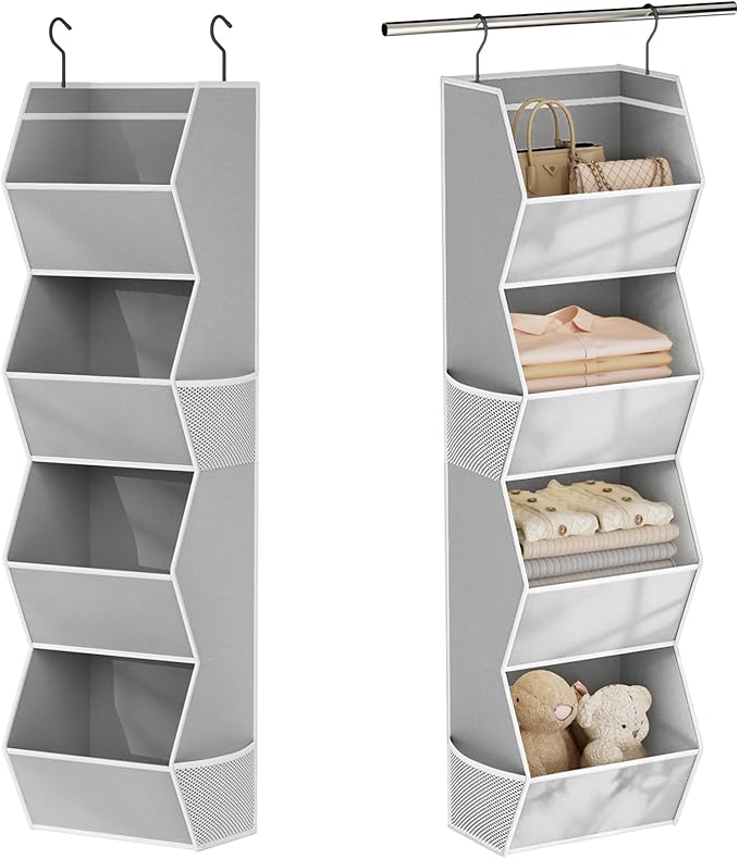 Hanging Closet Organizer 4 Shelf Collapsible Bedroom Closet Organizers and Storage Hanging with Mesh Pockets for Clothes, Fabric Hanging Storage Bins for Wardrobe Closet Organization and Storage, Grey