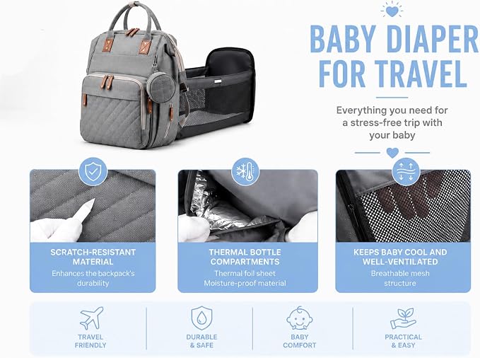 Baby Diaper Backpack with Changing Pad, Waterproof, USB Port, Large Capacity (Gray)