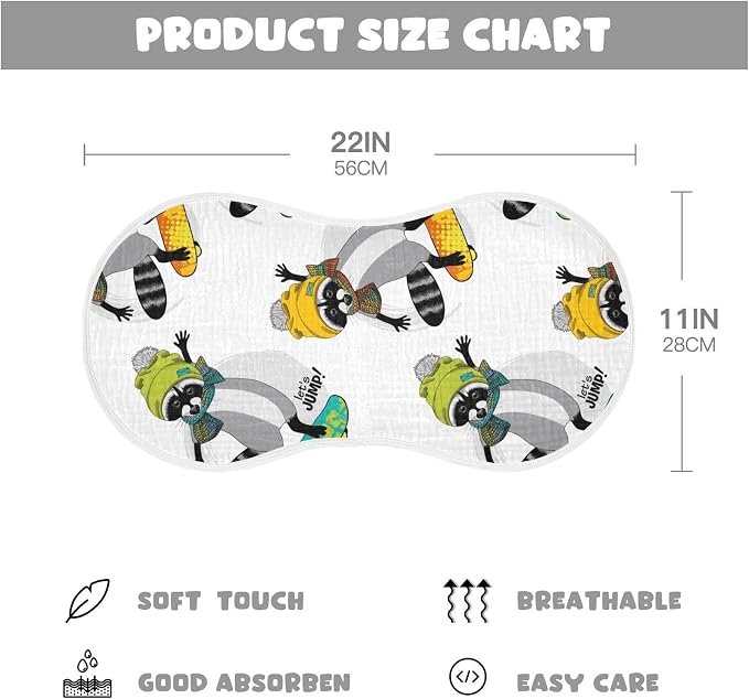Raccoon and Skateboard Pattern Muslin Burp Cloths for Baby 1 Pack 100% Cotton Baby Washcloths Bibs for Boy Girl