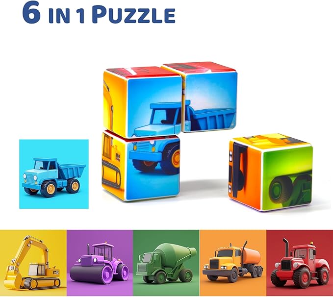Pairez Toys Magnetic Cubes for Toddler, 1.65 inch Large Building Blocks Tiles, Construction Vehicles Puzzles Game for Toddlers, STEM Educational Learning Toys for Boys & Girls Ages 1 2 3