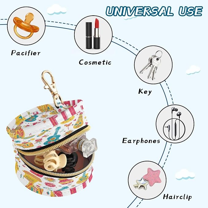 Pacifier Holder with Clip Pacifier Case for Diaper Bag Round Baby Pacifier Pouch Box Bag Portable Fiesta Guitars Hats Skulls White