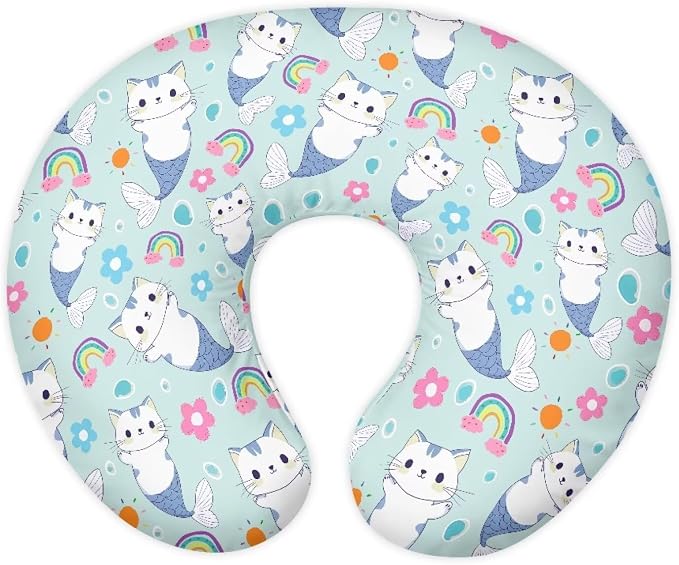 Light Blue Nursing Pillow Cover Stretchy and Soft Nursing Cover for Breastfeeding Pillows,Cute Cat-Fish Pillow Slipcover for Baby Girls Boys Newborn Rainbow (Cover Only)