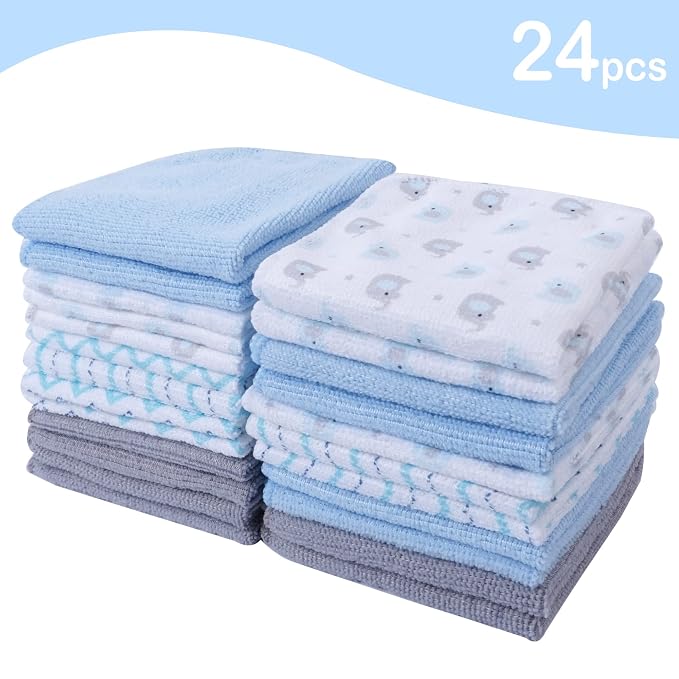 Viviland Baby Washcloths, 24Pack Baby Wash Cloths for Newborn, Baby Towels and Infant Bath Face Washcloths for Boys Girls Super Soft Absorbent, Gentle on Sensitive Skin Body, 9x9 Blue Elephant