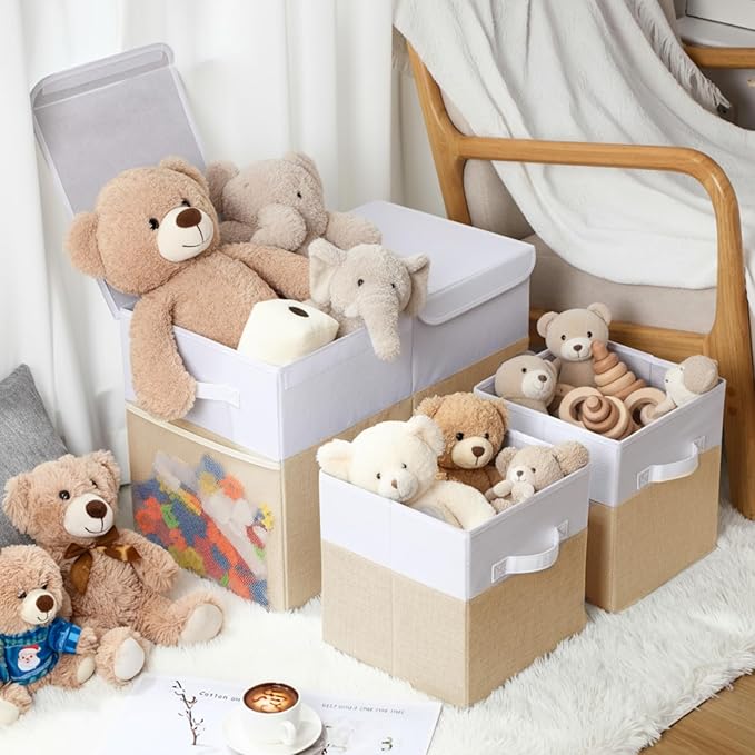 3 Pack Large Storage Bins Set 23" Toy Chest Storage with Lids and 11" Cubes Organizer Bins for Kids Bedroom Closet Shelf Organizer for Clothes Blankets Nursery Playroom(Beige White)