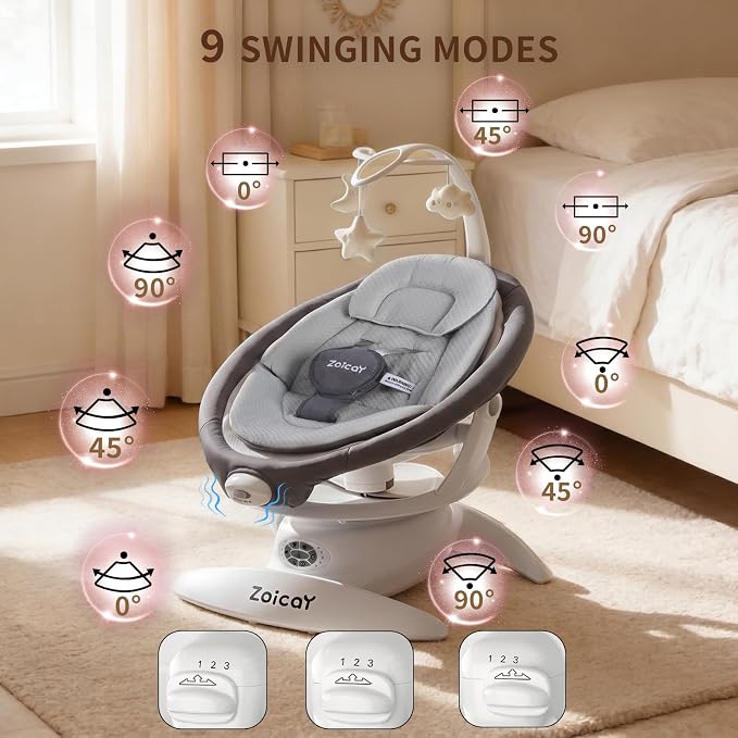 Baby Swing, 3-in-1 Baby Swings for Infants with Motion Detection & Vibration Comfort, 360° Rotating Electric Baby Swings with 5 Speeds & 3 Swing Modes, Infant Swing for Baby with 12 Preset Melodies