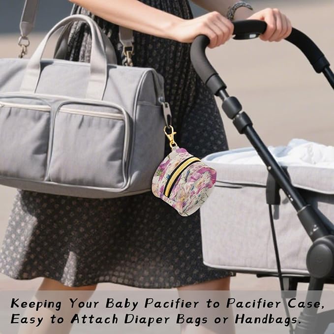 Pacifier Holder with Clip Pacifier Case for Diaper Bag Round Baby Pacifier Pouch Box Bag Portable Spring Wildflower Hummingbirds Beige