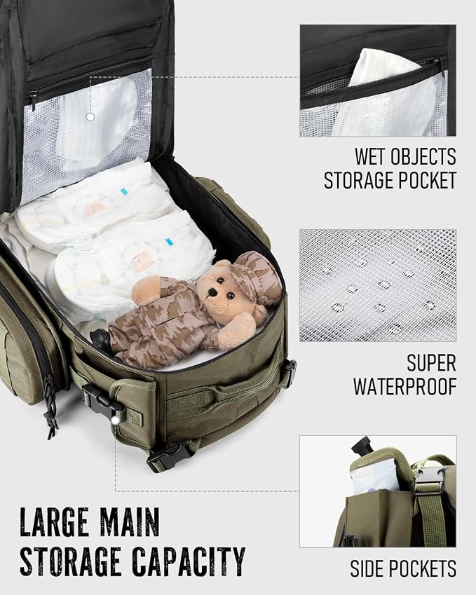 Dinictis Dad Diaper Bag, Mens Diaper Bag Backpack with Diaper Changing Mat, Military Diaper Backpack with Molle Webbing, Waterproof Pouch, Baby Wipes pocket, Insulated Bottle Pockets- Jungle Green