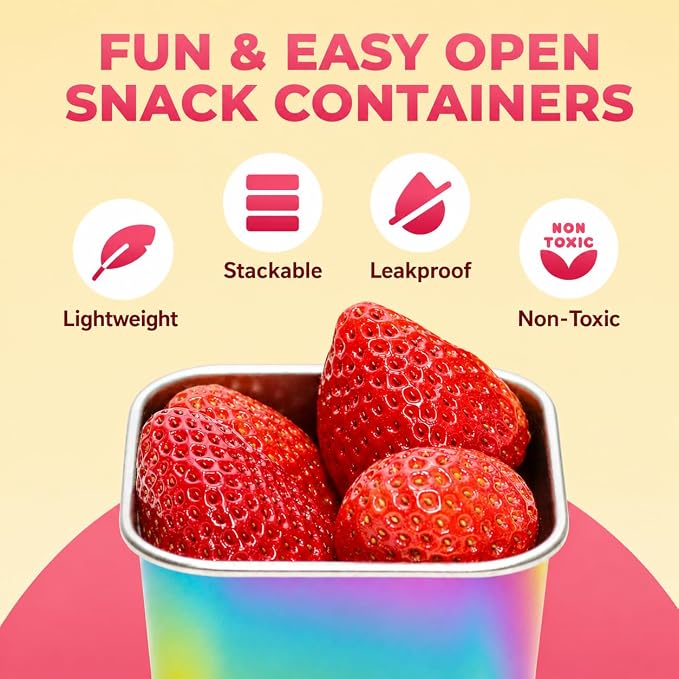 Rainbow Stainless Steel Snack Containers with Lids – Reusable Leakproof BPA Free Metal Snack Cups for Kids Lunch Boxes, School, Travel & Snacks – 6 Pack