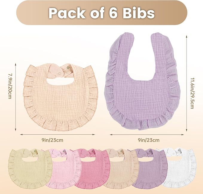 Oiomniv Muslin Baby Bibs, 6-Pack Bandana Drool Bibs Soft Cotton Adjustable Unisex Newborn, Toddler for Drooling Teething
