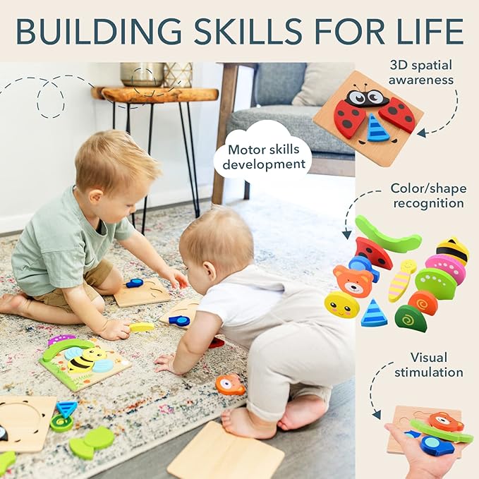 Magifire Wooden Puzzles, Set of 4 Puzzle Toys for Kids Toddlers 1–3, Baby Educational Animal Toys with Chunky Pieces & Bag - Butterfly, Bee, Ladybug, Bear