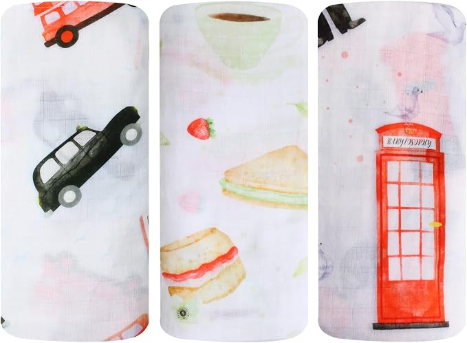 Baby Swaddle Blanket, Pure 100% Cotton, 3 Pack, Muslin Blanket for Boys & Girls, Baby Receiving Swaddle (So British)