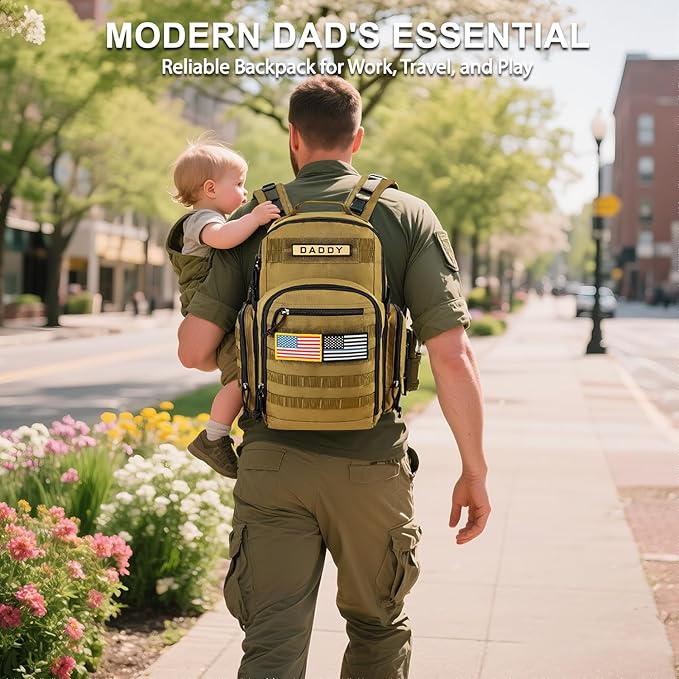 MIRACOL Military Diaper Bag for Dad - Tactical Style Baby Backpack with MOLLE & Changing Pad - 14 Compartments Rugged Design for Outdoor Travel Camping Tan
