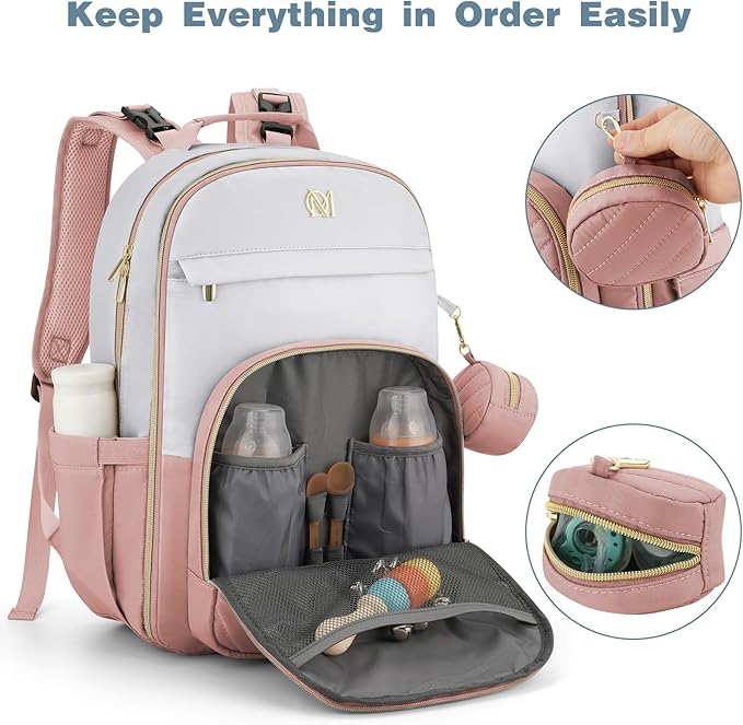 MOMUVO Diaper Bag Backpack, Quilted Baby Bag with Changing Pad & Stroller Straps & Pacifier Case, Large Travel Diaper Bags for Mom Dad, Pink Grey